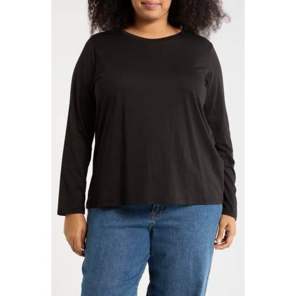 Eileen Fisher Black 100% Organic‎ Cotton Long Sleeve Crew Neck Top Large L